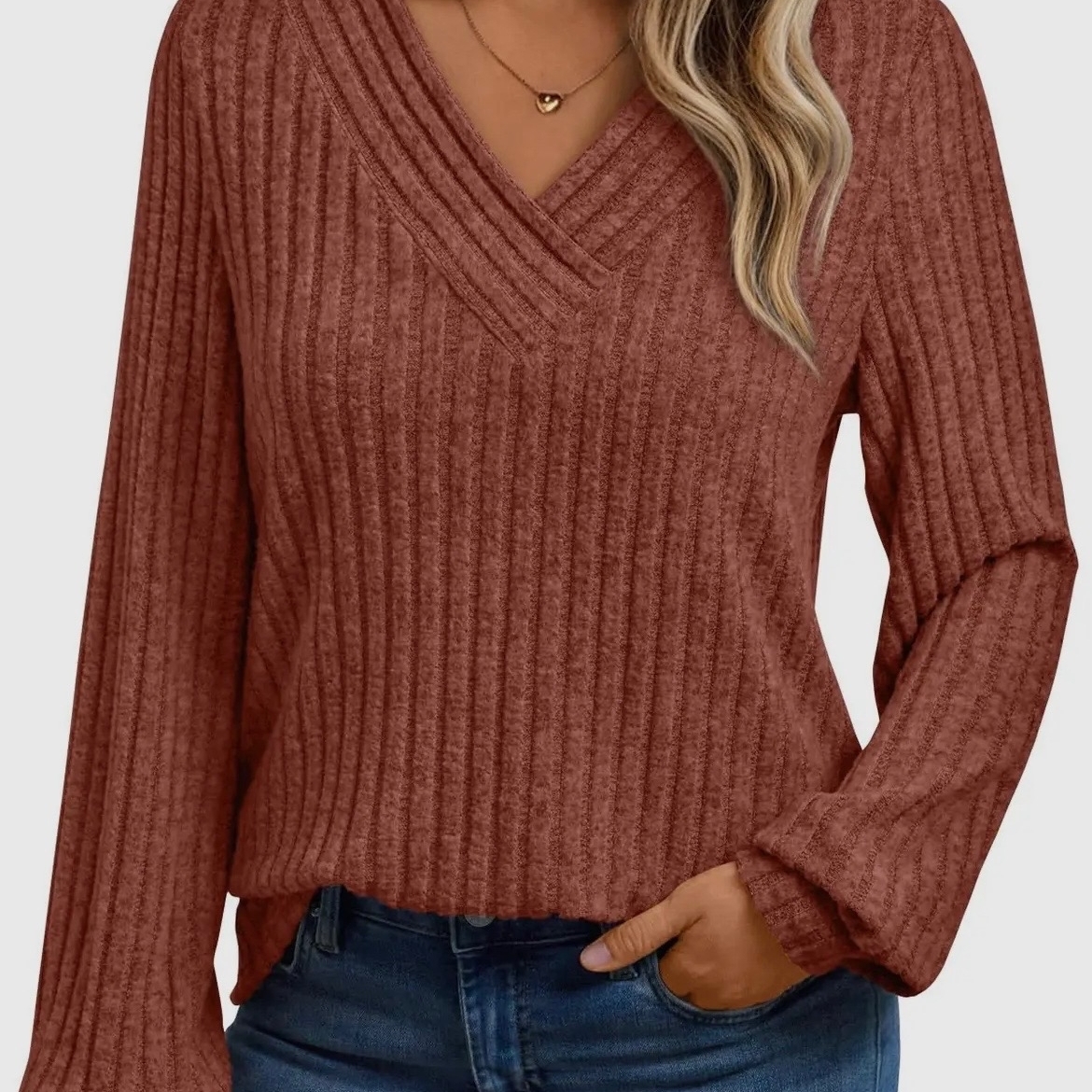 Elegant V-Neck Sweater In Rich Rust